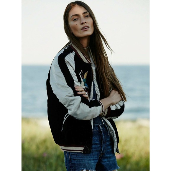 Free People Floral Bird Silk Velvet Bomber Jacket - Picture 4 of 4